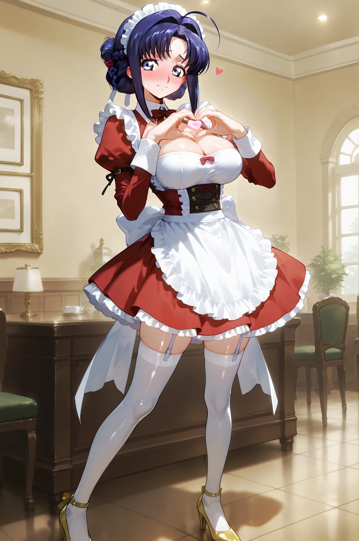 Shojo style, JK Style, (dining room,mansion), romantic, (Fiona), 1 woman,(((have a mischievous smile,elder sister))), black curly hair,long black hair,alone, braid,((Maid outfit, Shaking skirt,open chest,Show your breasts:1.35,The cracks are clear....,)),Made headband decorated with ฟ้าอ่อน flowers., white and purple outfit, glove, long-sleeved shirt,white stockings, choker, Mascara, lip makeup, white glove, black bow,((Hand holding a knife,The knife had blood stains on it.)), bow, decorate, (looking at the audience,Smile for the camera...) collarbone, puffy sleeves, money accessories, full body, smooth, Light blue dress, court, gag, Detailed eyes, cowboy shoot,detailed face,Complete breasts,Complete Hand, ((big breasts)),((Various poses),milf, Highest quality、Highest picture quality、Masterpiece