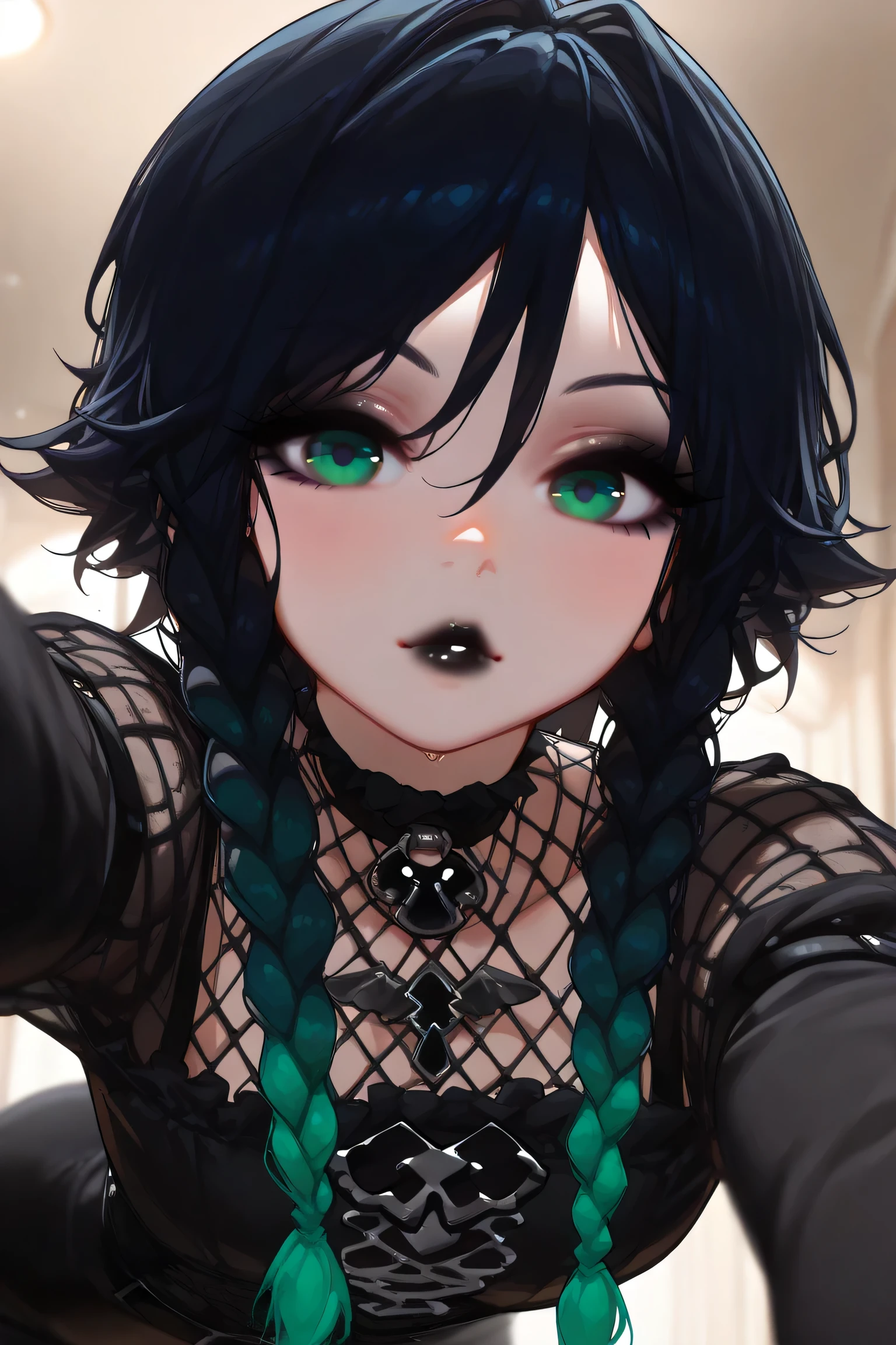 bent over,,Selfie, ,venti, gradient hair, dark blue hair, green hair, twin braids, green eyes,Goth girl,hot goth, gothic makeup (best quality, 8K, 32k, masterpiece, Ultra HD:1.2),Upper Body,(black mesh blouse, long sleeves, sexy:1.1), black lipstick, solo
