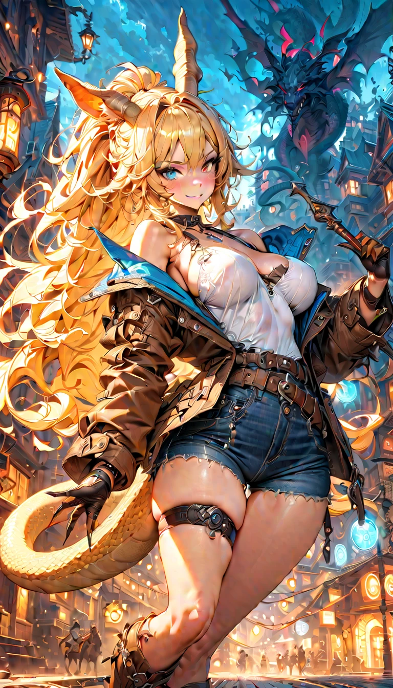 best quality,4k,8k,highres,masterpiece:1.2),ultra-detailed, extremely detailed eyes, extremely detailed body, (large masterpiece digital art), (detailed manga illustration), (detailed line art), ((perfect anatomy)), (intricate details:1.3), (ultra-detailed:1.3), (illustration:1.3), (sharp focus:1.3), (natural lighting:1.05), (vivid colors:1.3), (masterpiece), (best quality:1.4), (perfect anatomy:1.4), high quality, expressive eyes, full body, detailed face, beautiful face, perfect face, 1 girl, tall girl, ((blonde hair)), (red hair), multicolored hair, two-toned hair, ((dark skin)), (((dark skinned female))), griffon, large breasts, thick thighs, very long hair, bare shoulders, denim, (short shorts), dynamic pose, silver jewelry, choker, animal ears, (lion ears), (lion tail), thigh-highs, ((animal ears)), skin dentation, curvy, monster girl, heterochromia, (orange eye), (icy blue eye), ((wings)), feathered wings, black feathers, green glowing feathers, thigh gap, (white shirt), black leather jacket, thigh boots, dynamic lighting, cinematic lighting, smiling, ((Greek ruins background)), Atey Ghailan, Jeremy Mann, Greg Manchess, Antonio Moro, trend in ArtStation, trend in CGSociety, Intricate, High Detail, Sharp focus, dramatic and photorealistic painting art by Midjourney and Greg Rutkowski, Jeff Bridges, ((cartoon style)), Marvel Cinematic Universe style