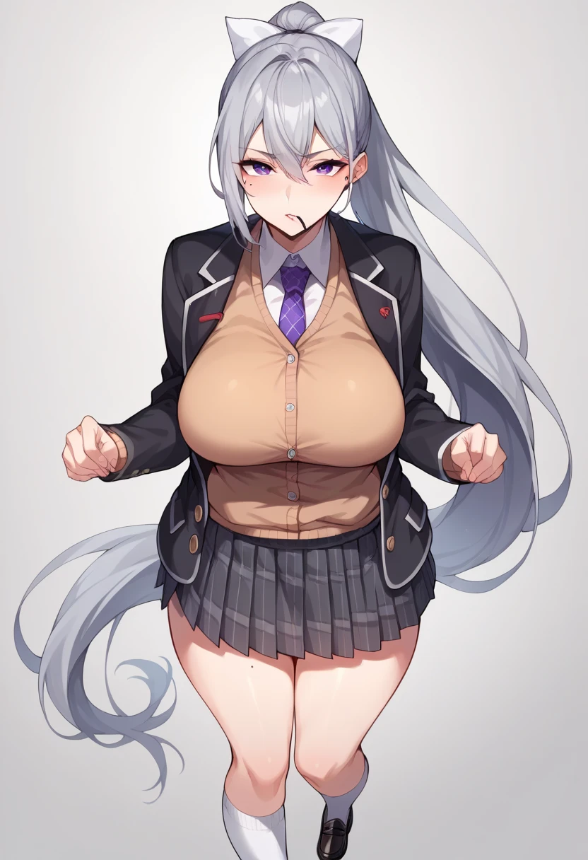 masterpiece, highest quality, High Resolution, Kaede Higuchi, One Girl, Virtual YouTuber, solo, Hair length, Mole under the eye, Skirt, tie, Jacket, Purple eyes, socks, ponytail, hair ornaments, White ribbon, Hair Ribbon, bow, blazer, Very long hair, 紫のtie, Pleated skirt, White socks, Barrette, Open your clothes, cardigan, , knee height, Gray Hair, 黒いJacket, shirt, 襟付きshirt, Plaid, オープンJacket, Bans、Plaidスカート、mini skirt、be patient、白のshirt、Long sleeve、Grey Skirt、Proudly、Plaid tie、squat、Black panties、（Huge breasts:1.5）、Pregnant women