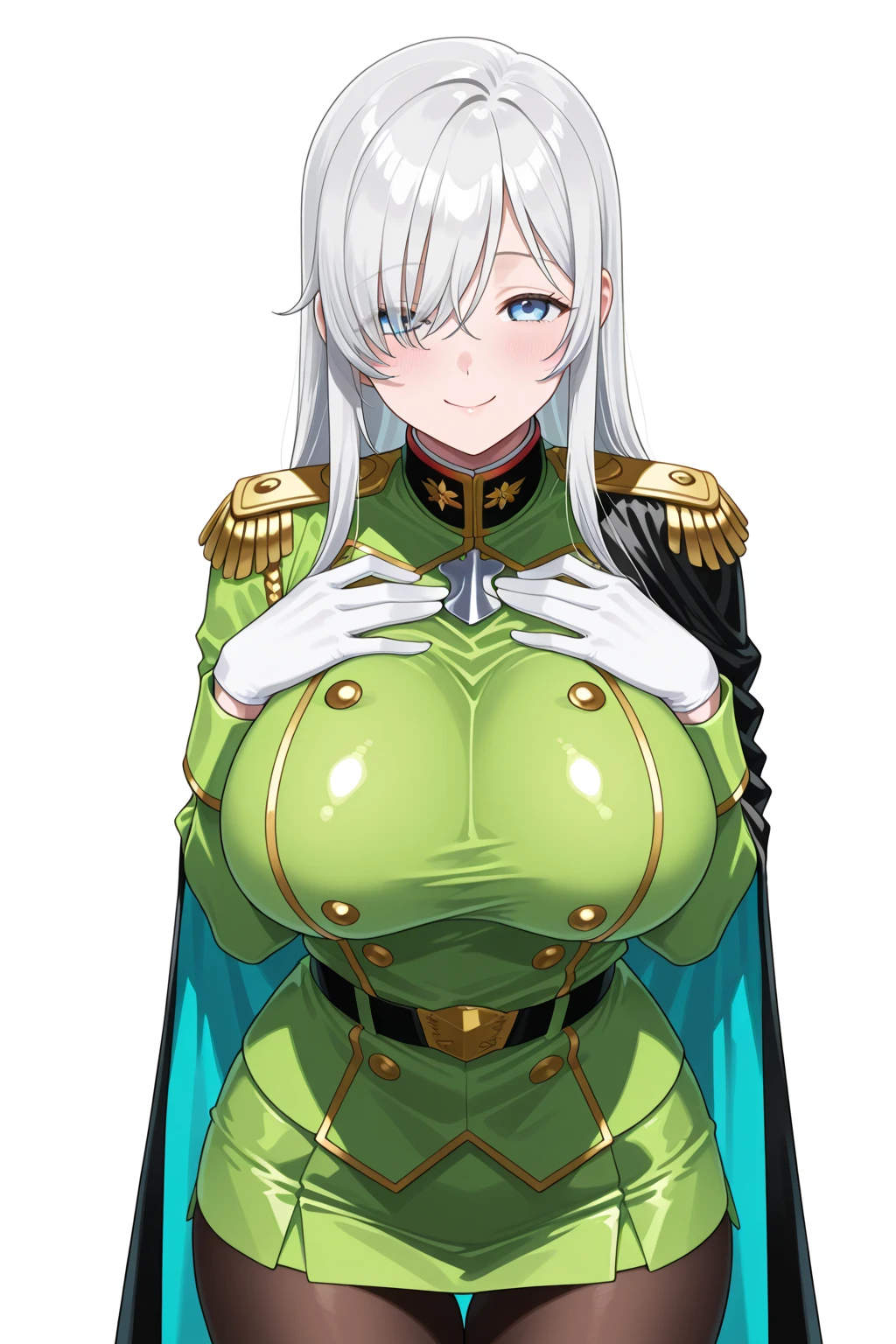 Kiwi Casual,Purple eyes,Hollow Eyes,Grey Hair,Double Bang,Ahoge,Very large breasts,Blushed,score_9,,Thighs,Reverse Bunny Suit,Latex gloves,corset,Latex gloves,corset,trembling,Upper breast,milf