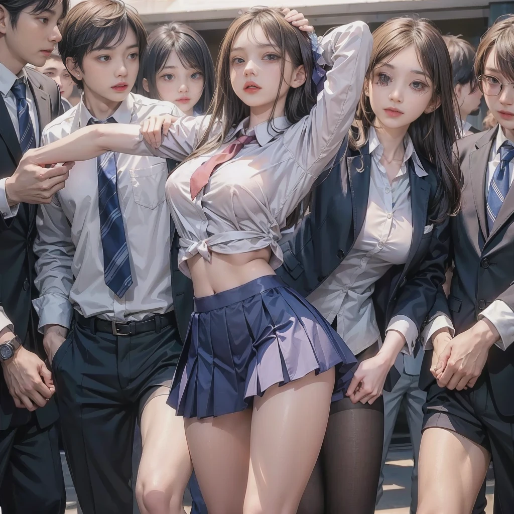 molesting、(Raw photography、Highest Quality、realisitic、Photorealsitic、​masterpiece、ultra-detailliert、hight resolution、full-shot)、The train in Japan was crowded with several men、1girl in、Alone:2、((High school girl in sailor suit))、Sailor suit and navy blue short skirt:1.5、Beautiful face:1.5、(slim figure)、Middle aged man in suit、(Hugging her from behind)、(touching breasts:1.3)、(Other middle-aged men tearing skirts:1.4)、(((Take off your panties to expose your pubic area.)))、(Middle aged man touching crotch:1.3)、Only men surround her、she is crying、(She sheds tears:1.4)、Draw in clear detail whose hand it is、(((Panties are pulled down to the ankles)))、(((The shape of the woman's pubic area is clearly visible))、((Pubic hair grows))、((Taut))、(((big breasts thin waist)))、(((Slender beauty)))、((Wavy medium hair))、small tits、a beautiful slender girl、(((During sex)))、((Expression in a state of excitement))、((yawning being))、((panting))、((Screaming face))