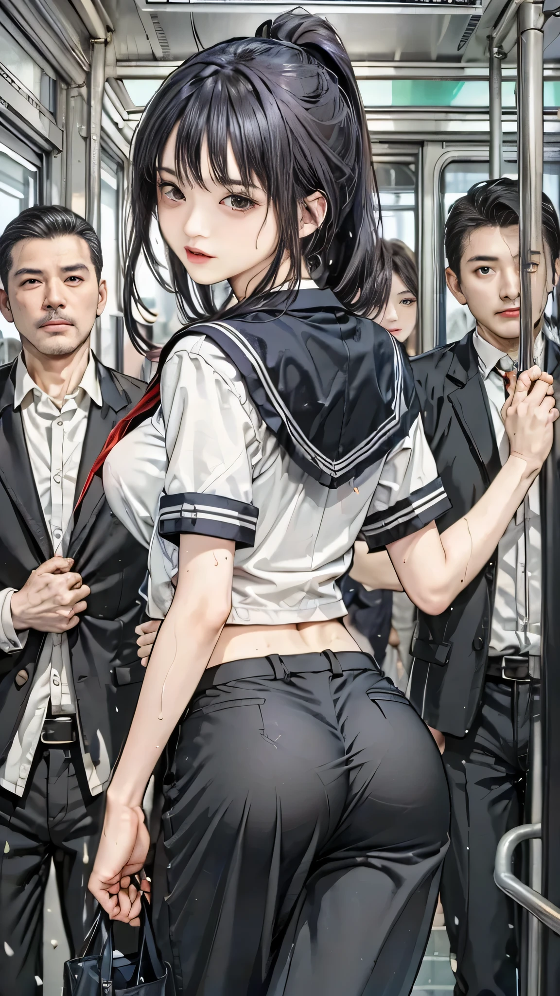 TranT, netorare, chikan, grabbing, hetero, ((breasts on glass, against glass)), wet clothes, wet panties, fingering, 2boys, molestation, public indecency, public use, assisted exposure, faceless male, ABelka, harem pants, best quality, masterpiece, highres --auto