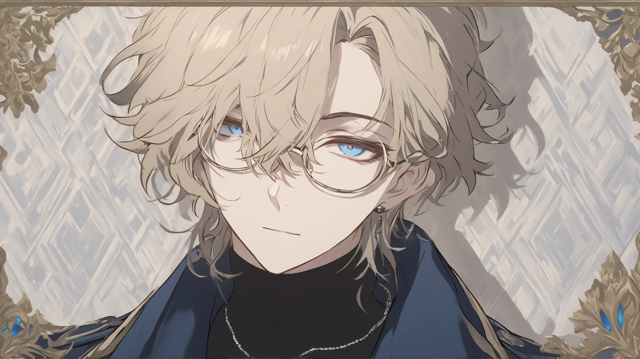 1male, bust, refined, anime-style, male character, androgynous, pale skin, short blond hair, messy bangs, vivid crystal blue eyes, oval-shaped thin rimmed glasses, calm expression, raised eyebrow, slightly confused face, slightly melancholic, black turtleneck shirt, navy blue coat, silver necklace, soft lighting, warm tones, polished artstyle, smooth linework, soft shading, cel shading, character picture card, zerochan illustration, masterpiece, detailed face, masculine face, standing up, front view, looking at viewer, vertical black and dark gray stripes pattern background.
