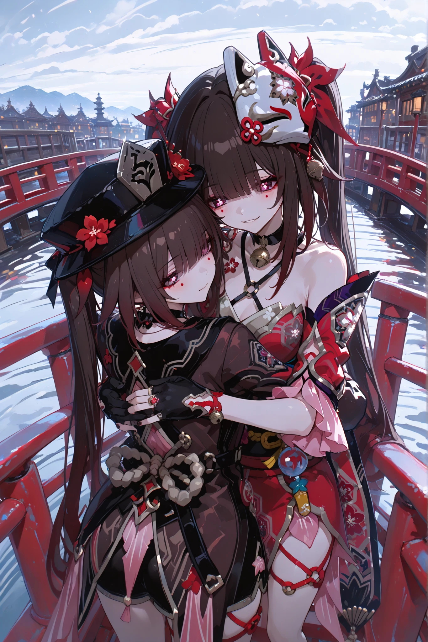 (Masterpiece, best quality, 748cmstyle, two different characters, (2 girls hugging eachother:1), scenery in the back, both standing on one bridge) Character 1: (hutao, long hair, bangs, brown hair, red eyes, hair between eyes, twintails, sidelocks, symbol-shaped pupils, long sleeves, hat, jewelry, flower, shorts, wide sleeves, coat, chinese clothes, black shorts, ring, black nails, hat ornament, hat flower) Character 2: (girl, sparkle_\(honkai:_star_rail\), fox_mask, bare_shoulders, red_dress, mask_on_head, neck_bell, black_choker, absurdres, criss-cross_halter, black_gloves)
