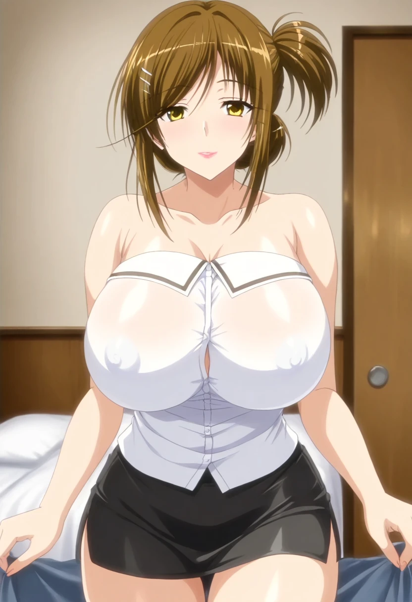 (masterpiece, top-quality, hight resolution:1.22), (anime screencap,1.5, anime-keyvisual), (ultra_detailed, 4k, UHD:1.2), (photorealistic, pixiv:1.3), the perfect body, NSFW, miyoshi kaya, KizukiAi, light brown hair, high ponytail, orange eyes, parted bangs, forehead, 1girl, solo, closed mouth, blush, (sagging huge breast:1.5), (press breasts together:1.5, slim, navel), (dress shirt, open clothes:1.5), (on back, sleepy), (upper body:1.5, on bed), (perfect detailed ???????:1.5, beautiful detailed face, beautiful detailed eyes, beautiful skin, perfect detailed arms:1.5),