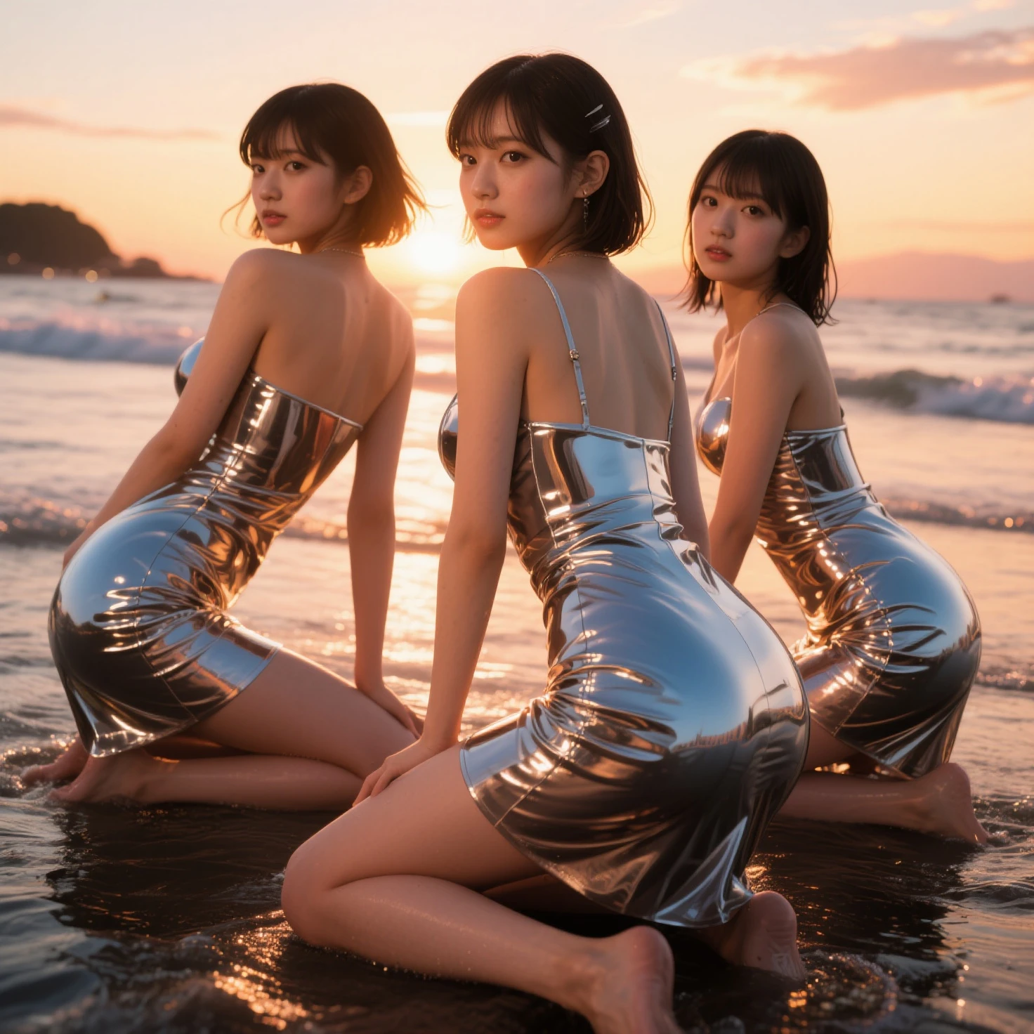 ((ExtremelyDetailed (12 PUNIPUNI KAWAII Girls in a row:1.37) in WHITE at Dusk Enoshima Beach)), (masterpiece 8K TopQuality) (ProfessionalPhoto:1.37), {(Standing Full Body:1.2)|(from below:1.2)}, Different types of hair colors, {(skinny(SchoolSwimwear))|(SchoolUniform with Low Rise Micro Shorts)}, {Detailed Childish hand|Hidden hand|Armpit|Different types of breasts of various sizes from HUGE to FLAT|(Clearly Visible the shape of Butt)}, Joyful Expressions LifeLike Rendering, PerfectLighting, (Dazzling RainbowColorHorizon), (Starry IridescentParticles:1.32) ColorfulClouds, (Acutance:0.8)(((from Side below))) (Standing in the sea) sparkling splashing water