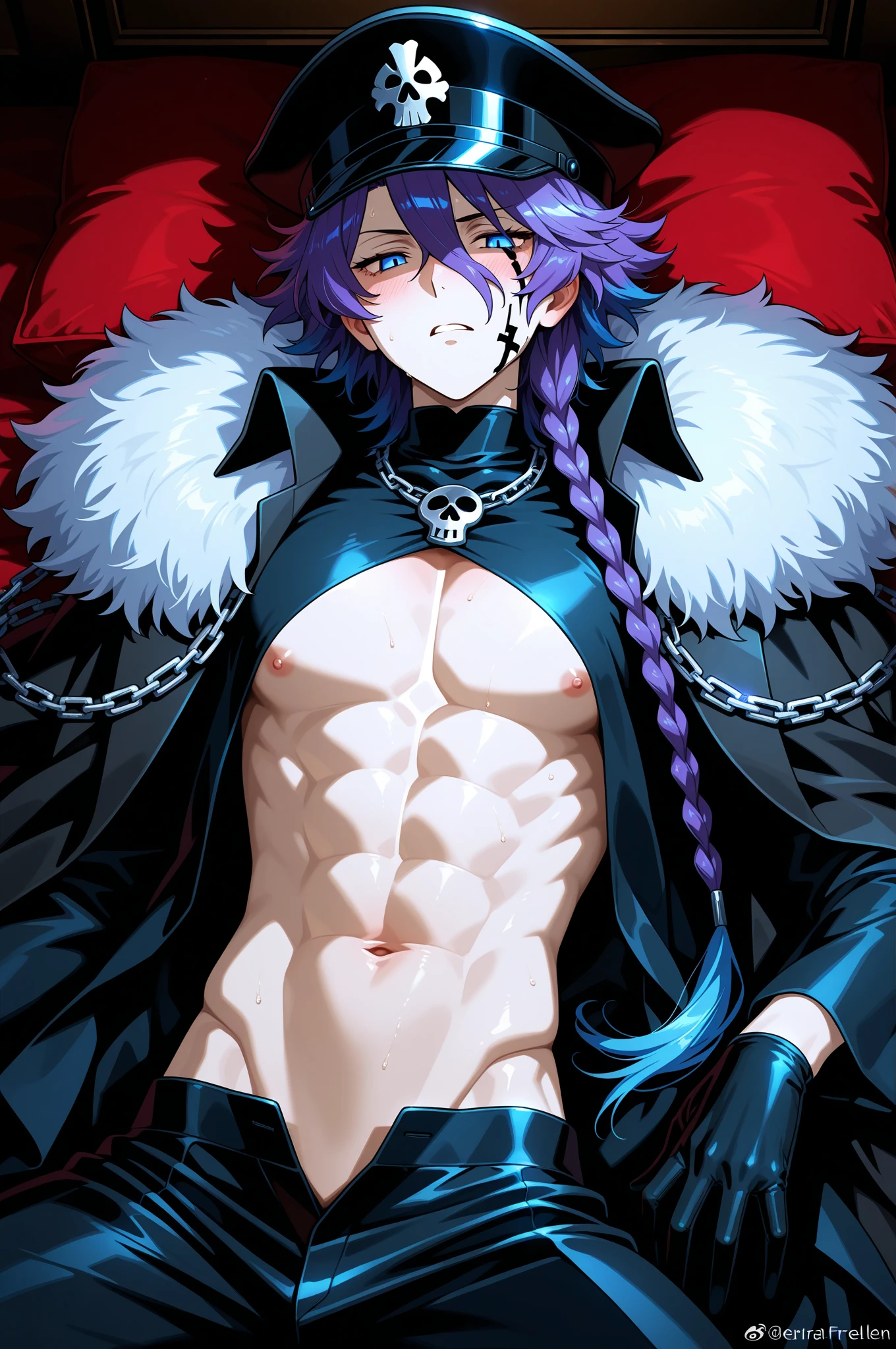 absurdres, highres, ultra detailed, HDR, master piece, best quality, perfect eyes, defined appearance, Dabi, white hair spiked around his head, hair between the eyes, expressive turquoise eyes, boku no hero academia, solo, sexy man, handsome, toned chest, purple burn marks on his face and body, horny, sensual, erotic, black boxers, red couch, sitting, room