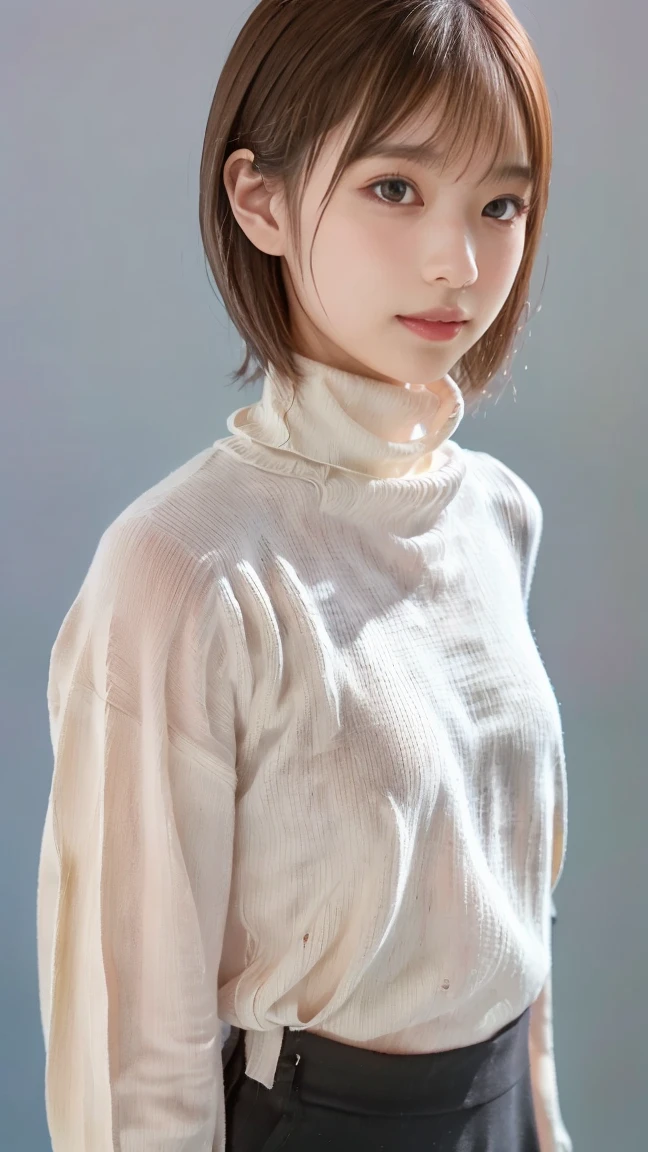 (masterpiece, best image quality, high quality, High resolution, realistic:1.2), (bright lighting, professional lighting), one woman, realistic skin, fine skin, beautiful skin, expensive, muscular body, (black hair, extra short hair, The front hair is swept to one side, eyelash extensions, Sharply draw eyelashes, fine eyes, black eye, How to draw eyes carefully, looking at the viewer, cute, embarrassing:1.2), (Lean upper body:1.2), A portrait-like solid color background, (A light white turtleneck sweater, The clothes fit:1.3), gentle smile, I can see some teeth, upper body shot