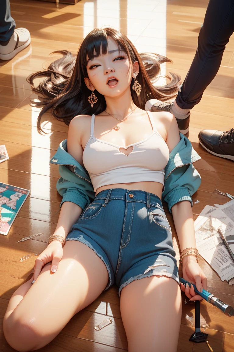 tmasterpiece,best qualtiy,offcial art,Highest high resolution,(A detailed:1.6),Sleeping girl,Stunning appearance,perfect bodies,Lie flat on the bed,Look at the sky,realisticlying,She wears denim shorts,Wear a transparent white vest,Breast enlargement,Silvery hair,独奏,3D,delicated,full bodyesbian