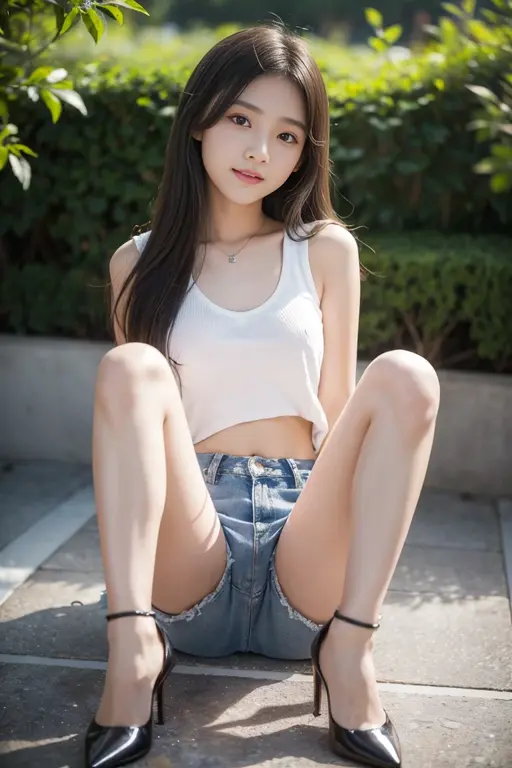 ((masterpiece、top-quality、ultra-definition、hight resolution))、独奏、a beauty girl、kawaii、radiant eyes、roundly eyes、Beautiful and delicate skin、18year old、A smile、white tank tops、poneyTail、Black Cap、行走、A slender、tiny chest、big breasts thin waist、JINS、White sneakers、full body Esbian