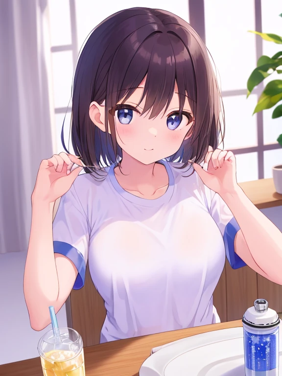 frame in, from right in front of face and body, view straight on, upper body, High quality, very high res, High quality, cute girl, brown hair, forehead, blunt bangs, bob cut, blush, Brushed up bangs, (white wearing a plain t-shirt), small breasts, upright, pleated skirt, work desk, sitting in a work chair, arms up behind, (pov hands:1.4), (clothed  breast touch:1.2), (guiding hand), at office