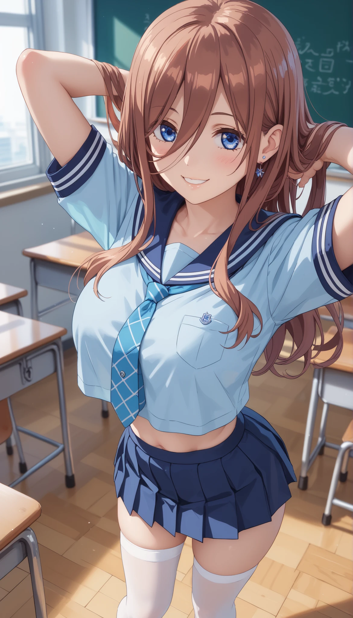 tall girl, fit girl showing lower body,score_9, score_8, score_7_up, score_6, uncensored, 1girl, Nakano Mirai, Long Hair, blue eyes, brown hair, light blue shirt, HAIR BETWEEN EYES, Huge Chest, sailor suit, school_uniform, necktie, white stockings, smile, Keep your mouth shut, Classroom Biting Condo , Against the backdrop of, standing, Crop Clothes,place your hands behind your head、light blue short skirt 、earring、angle(from above)