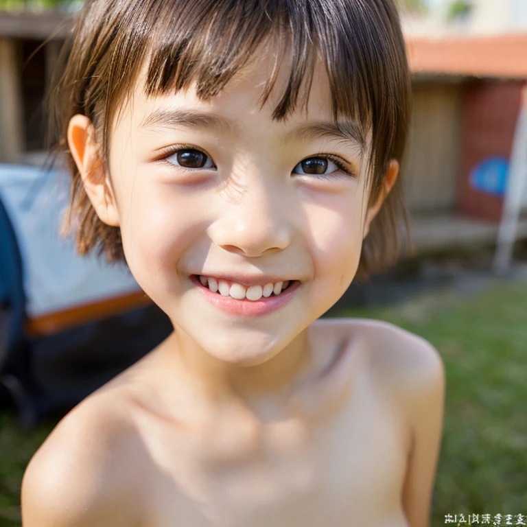 Japanese,Beautiful girl at 6 years old:1.85,Baby Face:1.85、Ultra-flat chest:1.85、Ultra short height、An innocent smile,cute,Primary school students,女子Primary school studentsの私服,Summer clothes、clavicle、Black Hair、Nipples are visible、Inside the kindergarten、Childish、short hair