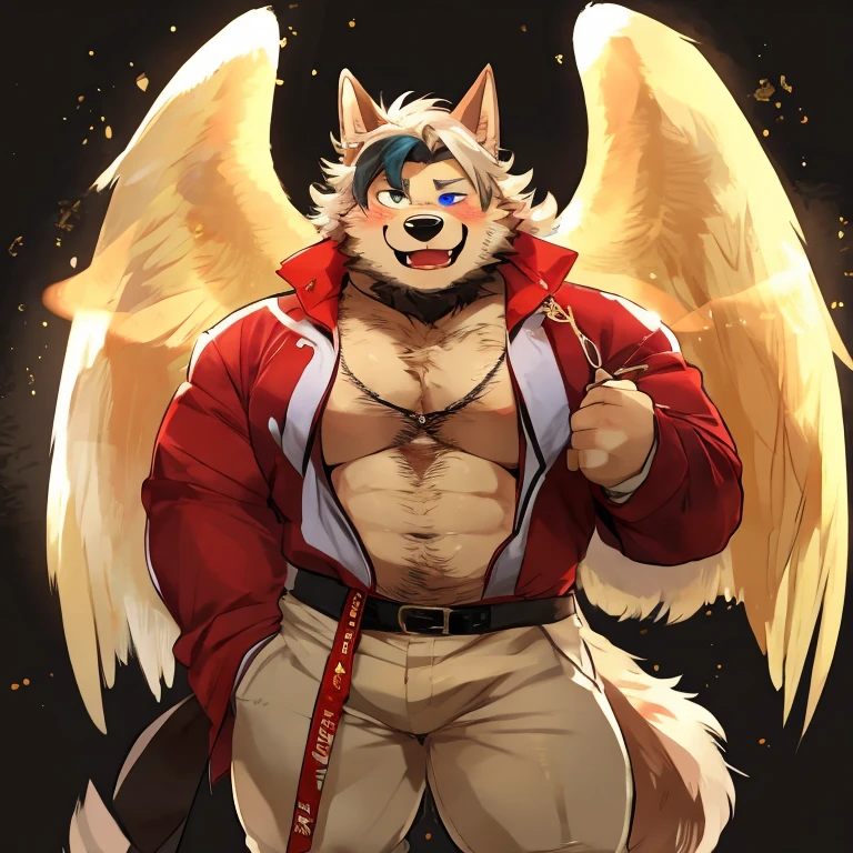 (masterpiece, Best quality:1.2), very young fox boy, bodybuilder, in speedos, body covered in white fur, Furry style,sexual,horny,very muscular wild ,full height,veiny muscles, very long blond hair,freckles on the body and face,blue eyes,defined muscles,wet body from sweat,sharp focus, young , friendly,Angel wings, 