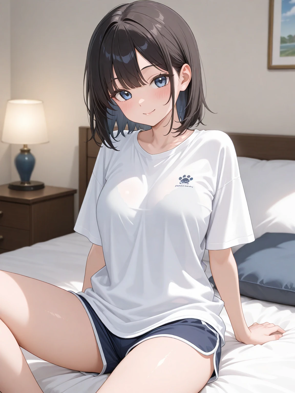 1girl, dark blue hair, almond eyes, messy hair, light blue eyes, blushing, embarrassed, confused, oversized white shirt, open mouth, looking away, confused pupil, on the bed, cute, soft light, cozy, beautiful and aesthetic, masterpiece, wholesome, good quality, she turned into a loli and not liking it, mad, looking around, no socks, no shoes, only wearing a big shirt