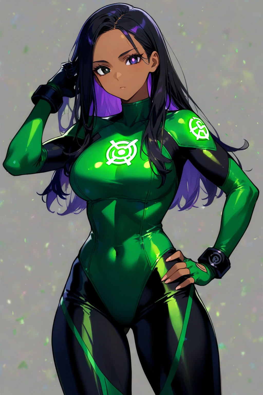 Woman with green skin, purple scarf, simple low-cut dress lemon green miniskirt, green dress with print, dark green hair, big breasts, beautiful legs, large eyes, cyberpunk background, big green eyelashes, purple sneakers, purple lycra under dress, completely naked
