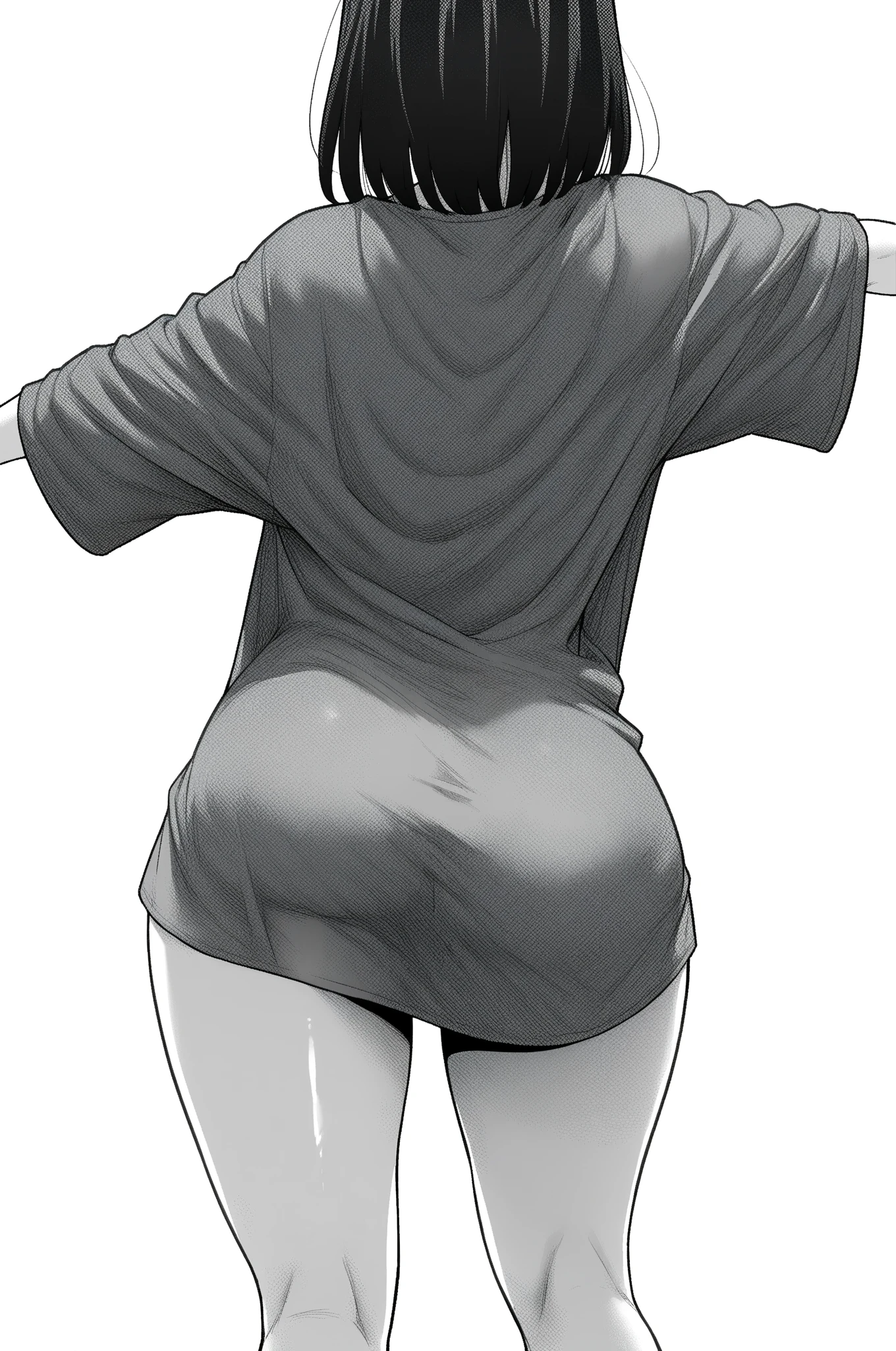 ultra-detailed, masterpiece, best quality, high resolution, female, flashing belly, showing a glimpse of navel a little, wearing a long t-shirt, lifting up shirt a little, from below, looking down on, teasing