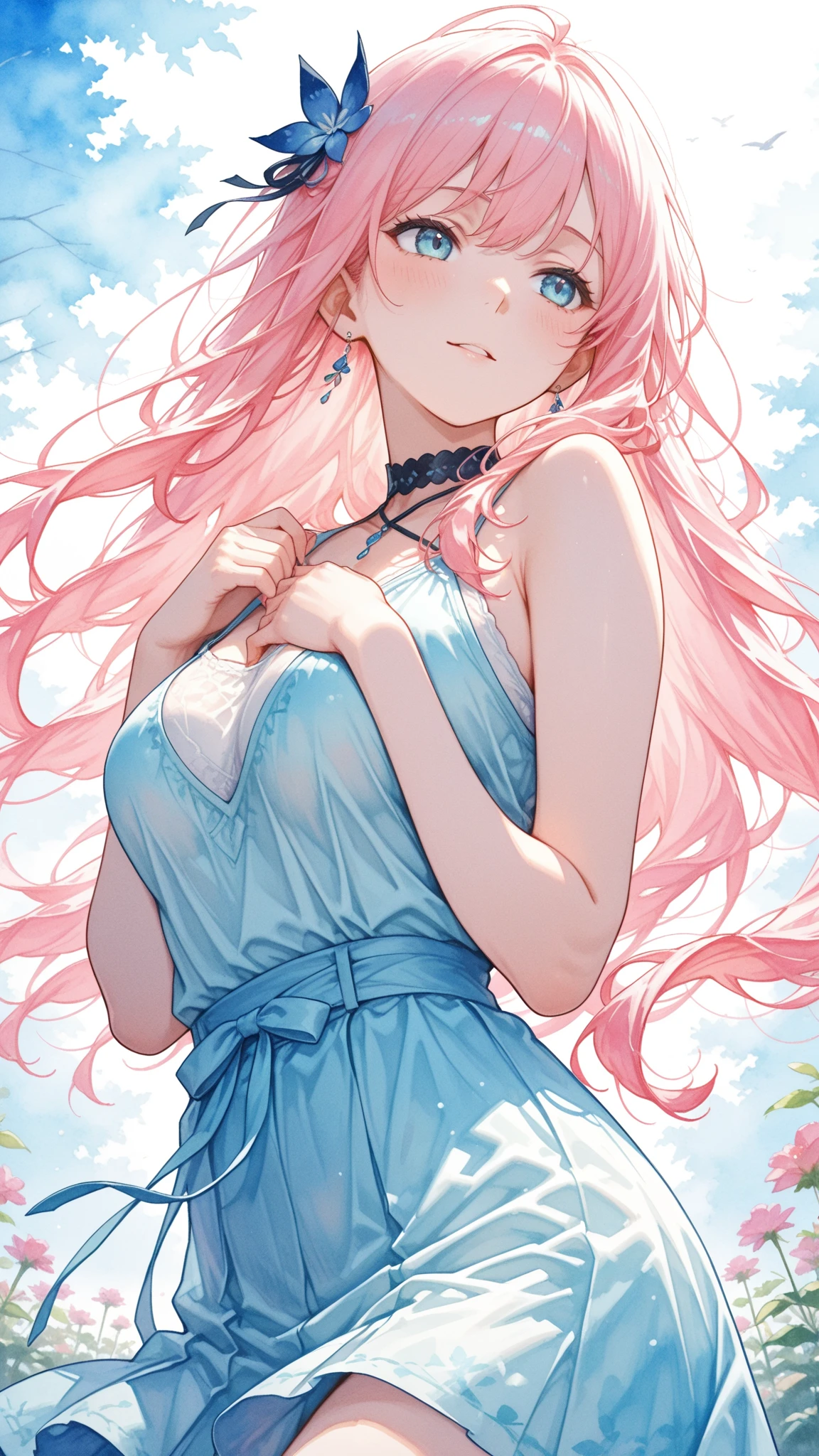 official art, masterpiece, sharp focus, (beautiful, beautiful and cute Korean woman: 1.3), (beautiful and cute Korean: 1.3), Korean beauty, hair and eyes and face delicate and beautiful, realistic, ultra detailed, beautiful girl, blue sky, bright white particle, (side lighting: 1.2), sunlight, white cloud, detailed clouds, slender, lovely very large breasts and very large hips,  smile with teeth, ((smile with eyes, open both eyes)), scenery, long straight hair, sexy facial expression, construction, (cityscape: 1.7), dynamic hair, long straight hair, detailed platinum pink hair, bright green eyes, (blue pleated shirts + white overalls), long black socks, pale skin, hair ornament, epic scenery,