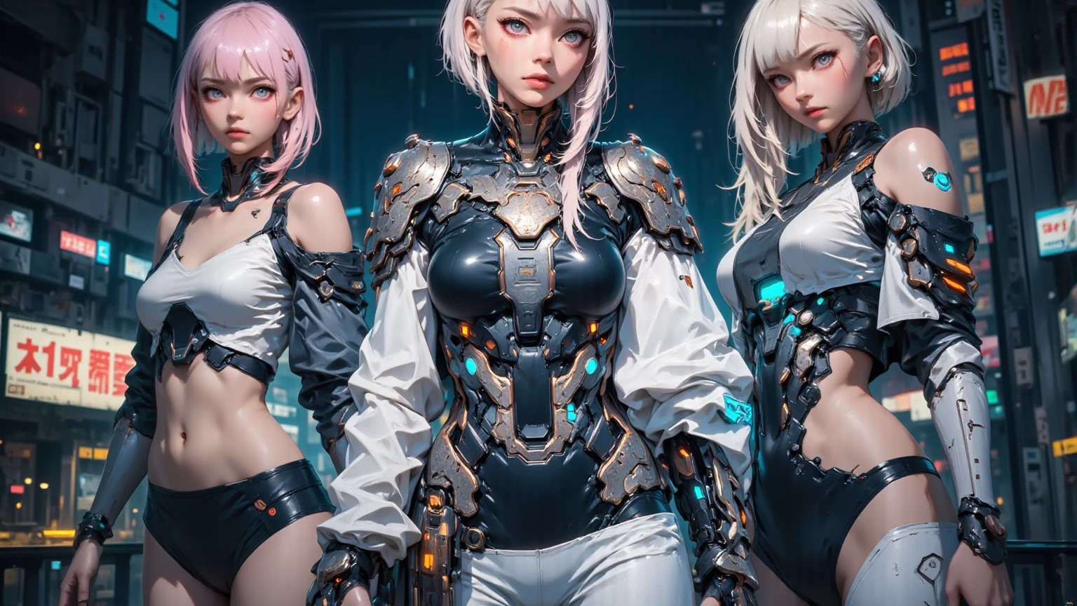 ((three women with purple-white gradient-colored lustrous hair)), ((in shiny silver latex tube-tops and skirts)), ((with light white armor)), (((standing in front of a ravaged cyberpunk city)), perfect Amazonian girl sisters, three futuristic princesses, ((shiny silver tube tops)), ((shiny silver skirts)), ((white shiny armor)), ((nicely tanned skin)), ((gorgeous violet eyes)) Get rid of the negative film effect so that their true colors can stand out, they have tanned skin, silver outfits, (shiny brilliant-white:1.32  bracers on their forearms), and shiny brilliant-white shoulder protectors, (shiny reflective silver:1.3 tube tops), (shiny reflective silver:1.31 skirts), (shiny brilliant-white:1.33 shin guards), (gorgeous violet:1.25 eyes), (vibrant purple-white gradient:1.33, lustrous hair), and (((a ravaged cyberpunk city in the background))) digital cyberpunk anime art, shiny plastic armor, Artstation, Pixiv, Featured on Pixiv, Artstation, crop top cybersuits, vibrant colors, maximum clarity and sharpness, maximum detail