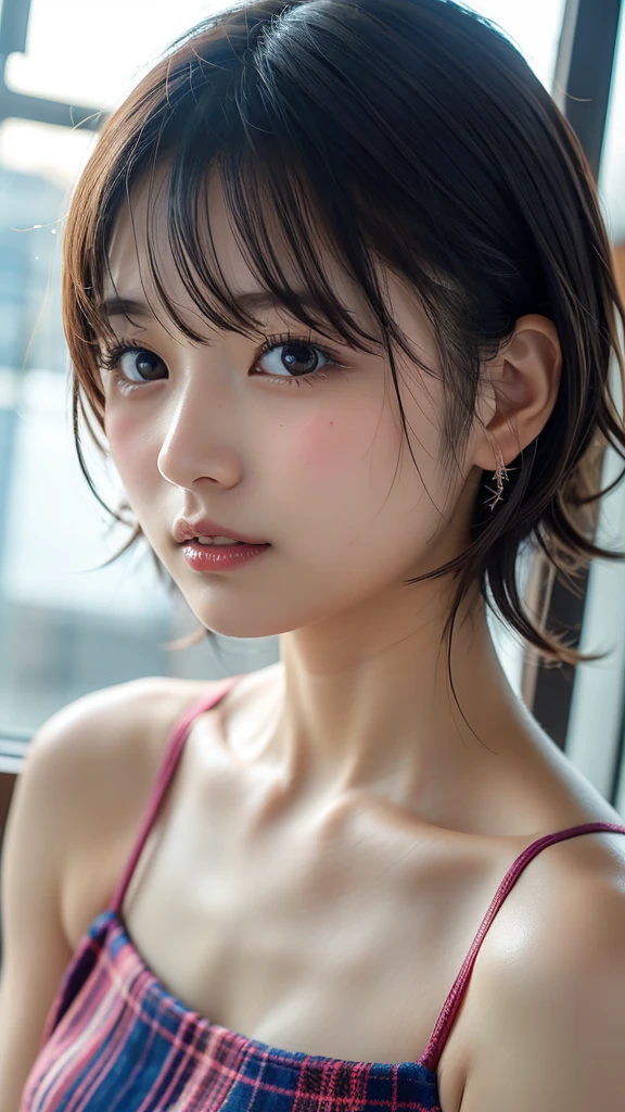 (highest quality,masterpiece:1.3,A high resolution,),(Very detailed,Caustics),(Photorealistic:1.4,RAW shooting,)Ultra-Realistic Capture,Very detailed,High resolution 16K suitable for human skin, Natural skin texture ,,Skin tone is even and healthy looking, Use natural light and color,One Woman,Japanese,,cute,brown hair,Middle Hair,(Written boundary depth, chromatic aberration,,Wide range of lighting,Natural Shading,),( outdoor lights at night:1.4), (Hair swaying in the wind:1), short hair, Outward flicked edge((スポーツSwimwear:1.3)), Swimwear,Upper Body,