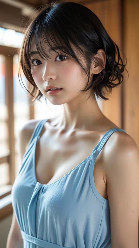 masterpiece, beautiful, a Japanese woman with smile, realistic, cosplay メイド服 as high school girl, curly black short hair, realistic skin