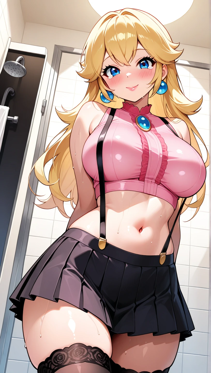 nude young girl with blue eyes, blonde hair and with very large breasts and a very thin waist in a pink see-through t-shirt, short pink wee-through skirt and twintails standing with a puffed up chest and arched back, smiling while looking at the viewer. She is standing in front of a bed covered in pillows in a palace bedroom. She wears a jewel navel piercing, and long golden chain earrings. Prison shackles is hanging from the wall.