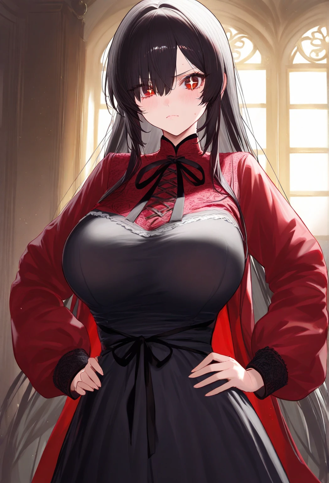 ((Tafah)),((High accuracy)),((Best quality)),Very good and beautiful, Absolutely gorgeous illustration, Focus on the face, Face closeup, Beautiful detailed girl, Breasts are softer, Front view, Facing in the viewer, Black hair, (angry:1.2), (See through:0.2), Covered, Hair covering the breasts, Covered breasts, Covered legs ((Black hair)), (Very long hair), fox ears, Blue eyes, Introductory account, (Sophisticated red kimono:1.4), (((Huge, dark fox tail))), (Medium-large breasts:1.4), (Plump thighs), (muscular:1.6), (Wide hips), Shallow frown, Film lighting, The perfect shade, realistic lighting shaded, (He sits), (A fantasy medieval tavern scene), 1girl