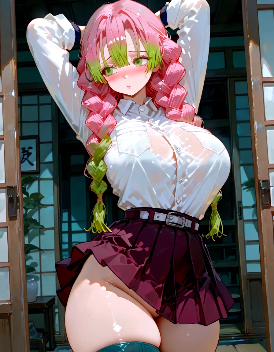 big woman holding a sword, showing ??????, (Hair Pink and green), (big eyes, lime green color), paints under eyes, (kanroji_mitsuri), wearing white haori, transparent black skirt,(sexy, female character demon killer mitsuri kanroji, mitsuri), woman, cute, girls, Portraits,realistic anime girl, pose showing panties, lifting skirt, exposing panties