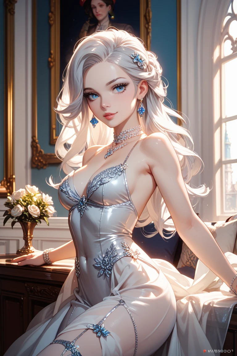 masterpiece,best quality,detail,1 girl, (actress Audrey Hepburn: Svetlana Khodchenkova:0.5), (long bright blonde hair: 1.2), (highlighted hair, turquoise highlights), aqua eyes,  bright pupils, glowing skin, indoors, mansion, high contrast, small ???????, (silver evening dress: 1.3), emotionless, night, backlit, medium shot
  Negative hint: (worst quality, low quality: 1.4), monochrome, zombie, watermark, blurry, blurry background, extra fingers, extra numbers, missing fingers, missing numbers, intertwined fingers, extra toes, missing toes,  simple background, ????, full body (silver hair: 1.4), realistic, real life,
  Steps: 30, Sampler: DPM++ SDE Karras, CFG Scale: 7, Source Number: 3564242642, Size: 2048x3072, Model Hash: 1faafdd131, Model: reliberate_v10, Noise Reduction Strength: 0.3, Clip Skip: 2, Ultimate SD upscaler upscaler:  R-ESRGAN 4x+ Anime6B, Ultimate SD upscale tile_width: 768, Ultimate SD upscale tile_height: 768, Ultimate SD upscale mask_blur: 20, Ultimate SD upscale padding: 55, ControlNet 0: "preprocessor: tile_resample, model: control_v11f1e_sd15_tile [a371b31b], weight  : 1, start/end: ​​(0, 1), resize mode: Crop and Resize, ideal pixel size: True, control mode: Balanced, preprocessor options: (64, 1, 64)", Version: v1.3.2 --auto --s2