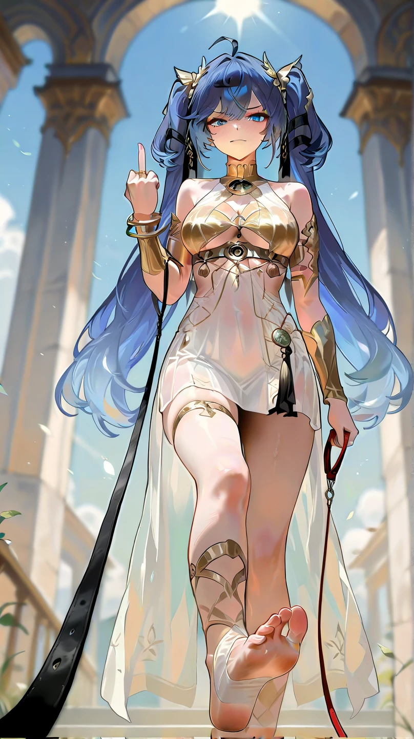 (masterpiece, best quality, high resolution, ((full body standing)), ((huge breasts))1 beautiful woman, goddess Athena, very long silky blue hair, pink lips, full body Greek fantasy dress, fantasy greek jewelry, fantasy greek helmet, bagulo and shield of Athena in gold hands, serious