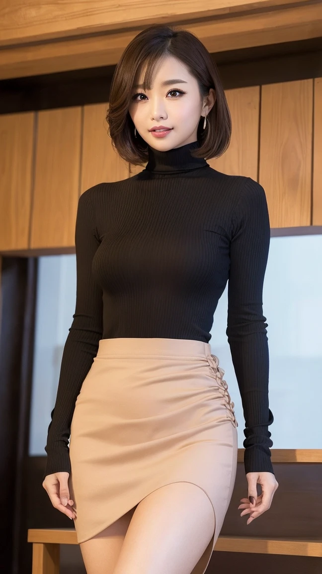 ((masterpiece)), ((Highest quality)), ((Complex)), ((超Realistic)), (Realistic), (Mature Woman), ((There are no classes)), Very detailed, 1 girl, eyelash, double eyelid, (Beautiful Teeth), Grin, Brunette bob hair, Brown eyes, (Lilac long turtleneck), (Red tight mini skirt), ((Thighs)), (stockings), (background: underground), detailed background, Perfect Eyes, Captivating eyes, Looking at the audience