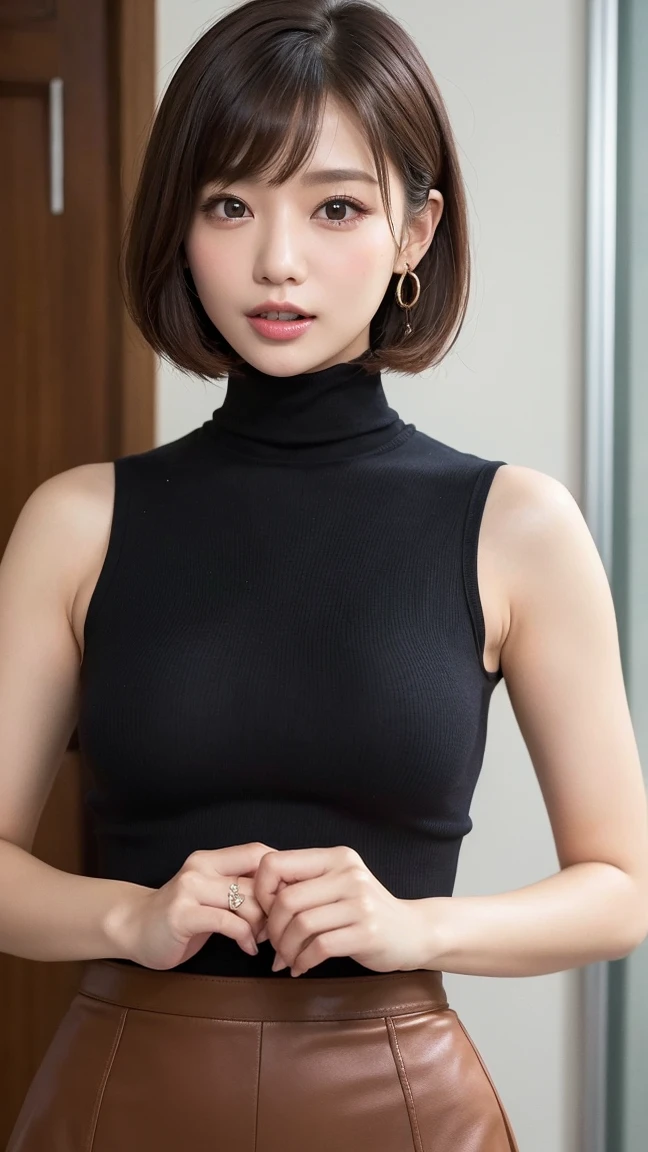 (Top Quality, 8k, 32k, Masterpiece, UHD: 1.2), Cute Japan Woman Pictures, 1 Girl, Profile, (Big), (Tall Women), (Abs, Slim Figure: 1.2), (Lips), (Medium Short Dark Brown Hair), Navy Blue Ribbed Turtleneck, Sleeveless, Big Butt Protruding