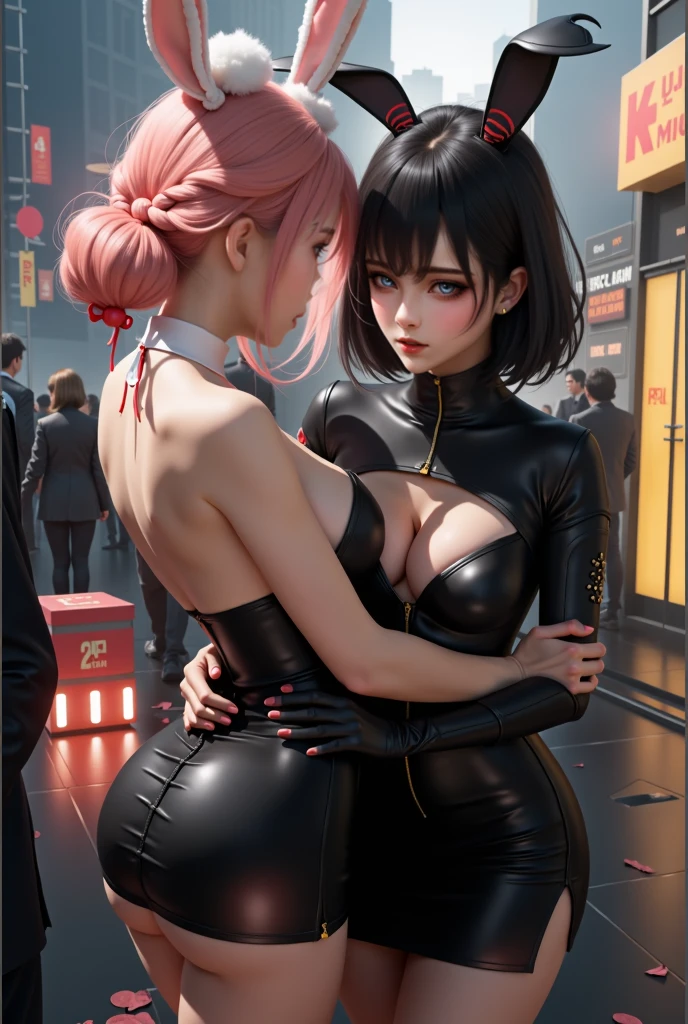 ((realistic image : 1.4)), (great depiction of the human body : 1.4), very dirty scene : 1.2,(look the same : 1.3) (Only the hair color is different : 1.4) 2 twin sister models : 1.2, French kissing each other : 1.3, Grab your chest : 1.3, SENSUAL MODEL : 1.3 ,((The posture of bringing the chest together with both hands : 1.2)), ((Detailed description of clothing : 1.4)), ((sexually excited expression : 1.5)), (random hairstyle : 1.1), (saphire eyes : 1.4), (Exposure : 1.7), ((Very revealing top made of detailed and intricate leather. : 1.3)), ((simple BLACK tattoo : 1.5)), ((mesh innerwear : 1.3)), ((Bottoms - tight and torn denim short mini pants : 1.3)) , (Black tattoos everywhere where the skin is exposed. : 1.4), ((red blush : 1.5)), (random hairstyle : 1.5), ((skinny body : 1.3)), (big breast : 1.2),((tanline : 1.4)), (Vivid cameltoe-majora marks :1.2), (Background full of detailed city street neon signs with crowds just before sunset : 1.4),