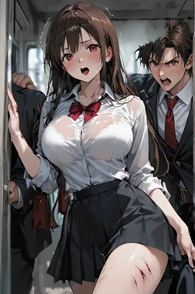 (((masterpiece, Highest quality, High resolution, 超High resolution, Perfect Pixel, Depth of written boundary, 4K, RTTX 10.0))), Beautiful Anime Woman, Beautiful art style, Anime characters, ((Smooth texture, Realistic texture, Anime CG Style)), Exact finger count、Exact number of legs、(Exact number of arms:1.0, Exact number of hands:1.0), (Perfect hands, Perfect Anatomy.1.5), Cinematic, Realistic, Extremely detailed CG, Daytime lighting, Perfect lighting, Best Shadow, The best natural light, whole body, Perfectly balanced style, A perfectly balanced body, Slender body, whole body, ((bangs, Dark brown hair, fashionable and cute hairstyle)), (An adult woman is standing while a man behind her massages her breasts through her clothes.:1.5), (povbreastgrab,pov hands,breast grab:1.4)、Exact number of hands, (cardigan, Ribbon at collar, Checked micro mini skirt:1.3), (Embarrassed expression:1.4), blush, (Holding in pee:1.2)、Patience is the limit; (On a crowded train, Lots of people in the background:1.3), cardigan