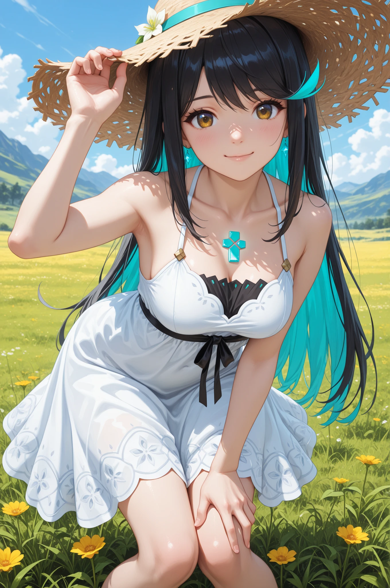 1girl, <lora:RulerTattooV2-000006:0.9>,navel, ruler_tattoo,white_hair,underboob, (hand on hip), see-through,(black_hair),straw hat,
