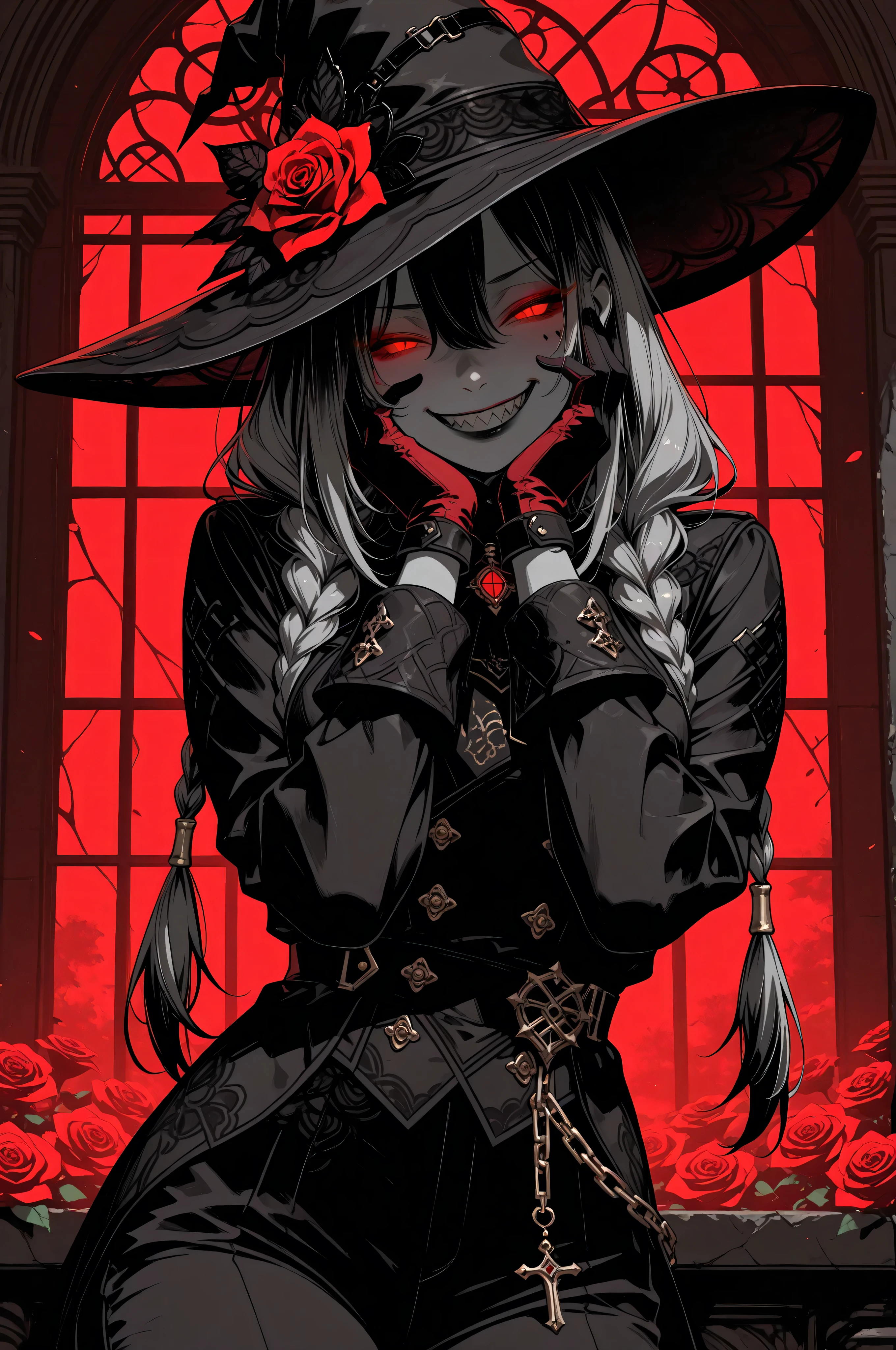 masterpiece, best quality, amazing quality, 1girl, solo, long hair, looking at viewer, smile, open mouth, black hair, long sleeves, gloves, red eyes, hat, hair between eyes, closed eyes, grey hair, braid, flower, heart, cowboy shot, teeth, black gloves, grin, coat, twin braids, black headwear, window, makeup, colored skin, black pants, ^_^, rose, glowing, chain, sharp teeth, red flower, slit pupils, shaded face, glowing eyes, eyeshadow, red gloves, black coat, hat ornament, red rose, hat flower, hands on own face, evil smile, grey skin, red skin, red theme, hands on own cheeks, evil grin, long eyelashes, black lips লো