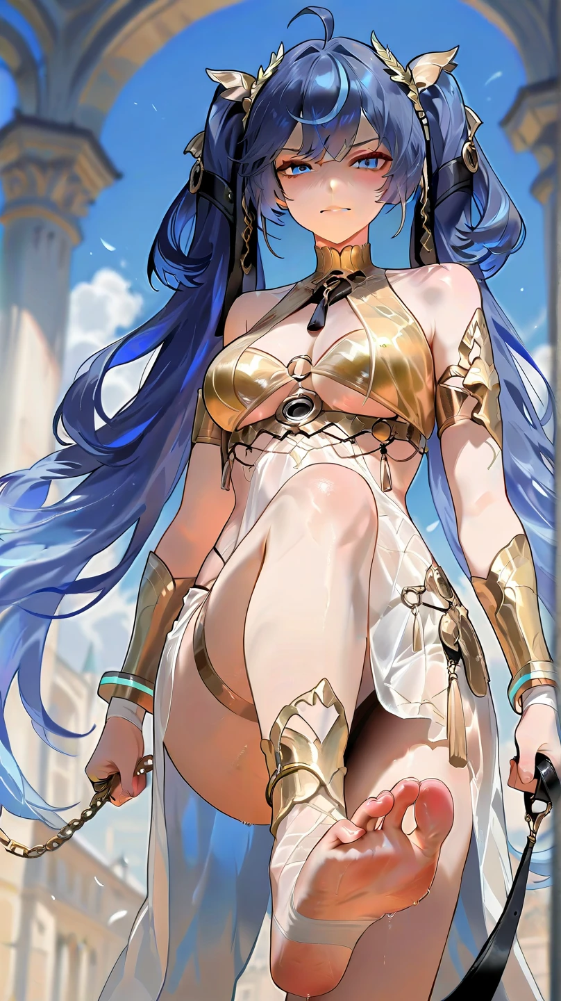 1 girl, dusk \(arknights), arknights,(Masterpiece, Best Quality), The newest one,  naked , The original lasts, , by nyantcha, black fur, horns, por omone shopping agm, white dragon tail, evening,desert, orange eyes, turquoise scales on arms, 