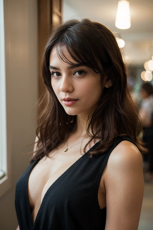 35 yr teacher in classroom alone, wearing sleeveless blouse showing cleavage giving erotic eye contact
