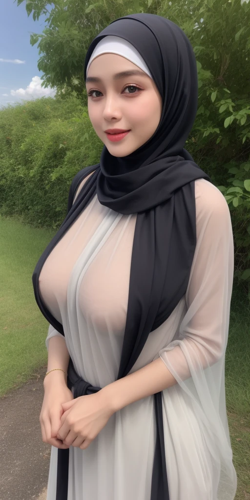 (Strapless dress), Chubby adorable, 1 girl, (face to face), 10 years old, baby face, happy, half body portrait, (face details: 1), (eye details: 1), ((big breasts)). wearing transparent transparency soft soft long shirt, hijab, .. Cute posed. proportional body. Ultra High Res. realistic: 1.4, UHD, (floral pattern), view from side seductive pose 