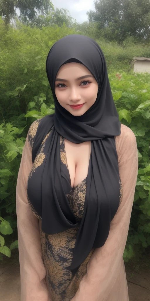 RAW, Best quality, high resolution, masterpiece: 1.3), beautiful Rusdian woman in hijab (perfect nose, perfect lips, beautiful face, perfect eyes, detail :1.2),((big, huge, busty breasts)), masterpiece, quality best, very detailed,perfect body, woman(huge, gigantic, massive, large, breasts) in black skirt and beige blouse, long skirt, simple dress, hijab(very deep neck, very low from off shoulder, deep huge cleavage visible), beautiful look, simple flowing dress, pleated skirt, simple style, long dress woman, wearing a long eloquent skirt, full body image, wearing a long cloth flowing, black skirt, (sweet smile:1.1), (glossy lips:1.1), (beautiful eyes:1.1), background of the old building in the forest, covered in mouth,, realistic details of the face, real skin. her huge breast are 99% visible. her curves of breast are sexy. she is showcasing her exquisite breasts.