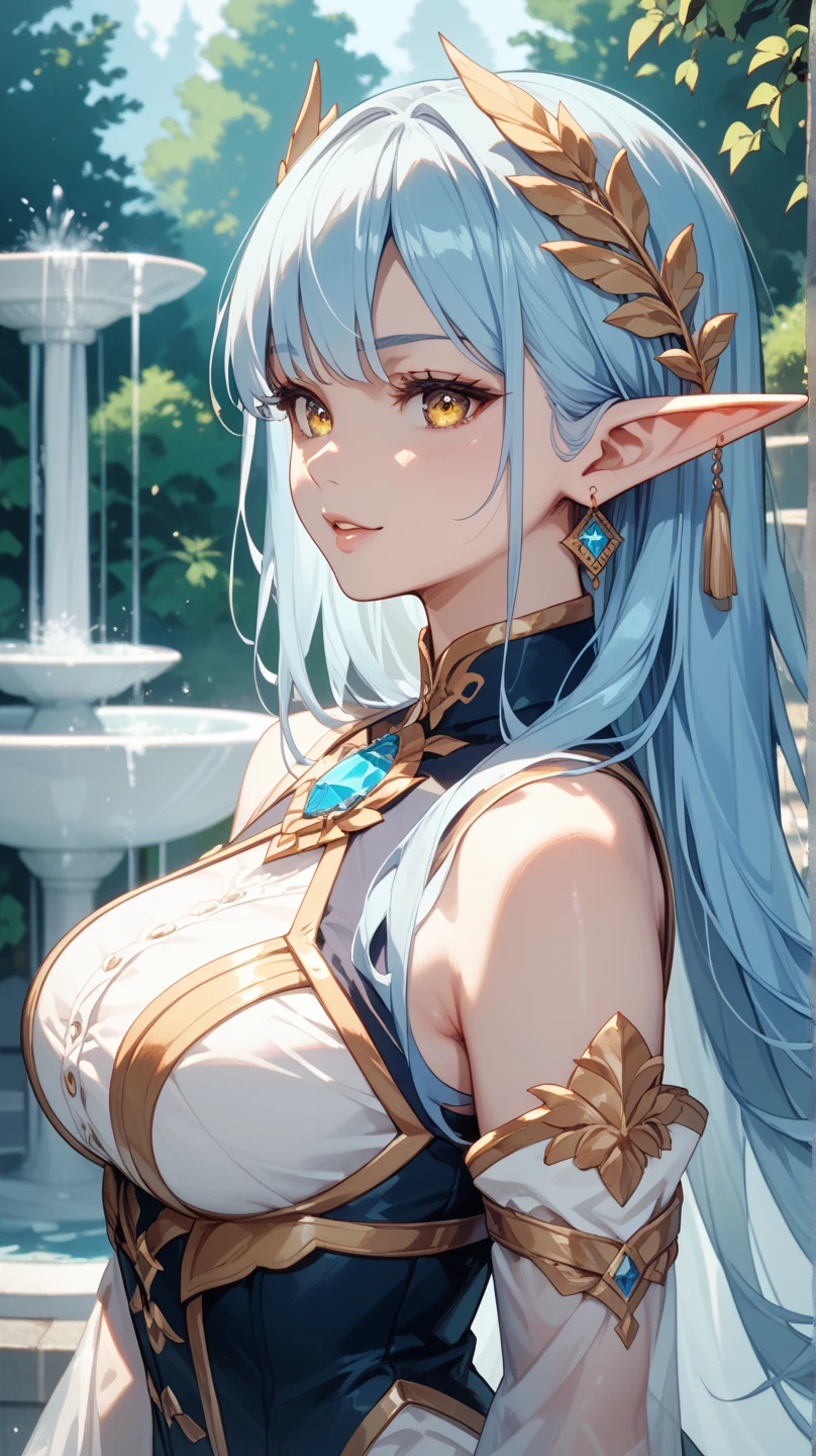 Photograph of the upper body of a beautiful woman, (nomal breasts, perfect body), Sharp focus, (proportional body , mature woman), ((Looking ahead)), (Highly detailed skin, hair follicles:1.4,),
( long hairstyles) (Green hair), (purple eyes) , angels  , elf ears, fantasy (wear white cape),  (white cloth), warriors , elegant, luxury, long skirts , gorgeous 
wear accessories , wear crowns , loyalty 