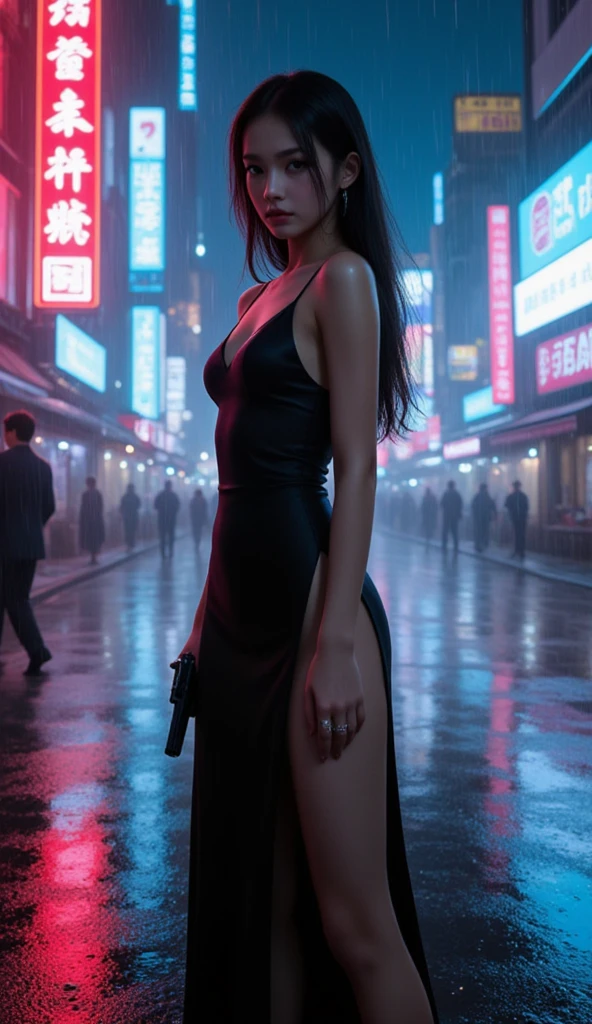 (Wide angle view). Matrix film inspired New York city, simple outlined neon tall buildings, glowing giant clock tower, year 1937 cars, lightning, 3D rendering Beeple. At night, (1girl, solo, alone), photorealistic, large-breast slim:0.6 body, oval:0.5 face, cleavage:1.1, very low angle view of sexy ethereal white dress, deep-v, ((upskirt)), glove, (Matrix style black micro sunglasses), ((aiming viewer with a short gun)), (half-body thigh level close-up shot), cinematic lighting, ray tracing.