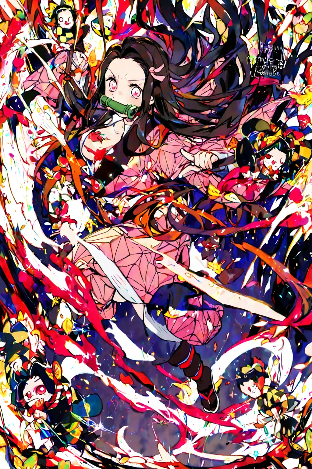 
"A woman with long black hair and brown eyes wears a sock adorned with painted flowers that covers her entire leg. She also sports a pair of wooden slippers, gloves featuring painted flowers that extend to her forearms, and a pompom on her shoulder. Her low-cut sweater is shaped like a flower, and she is wearing a swimsuit."