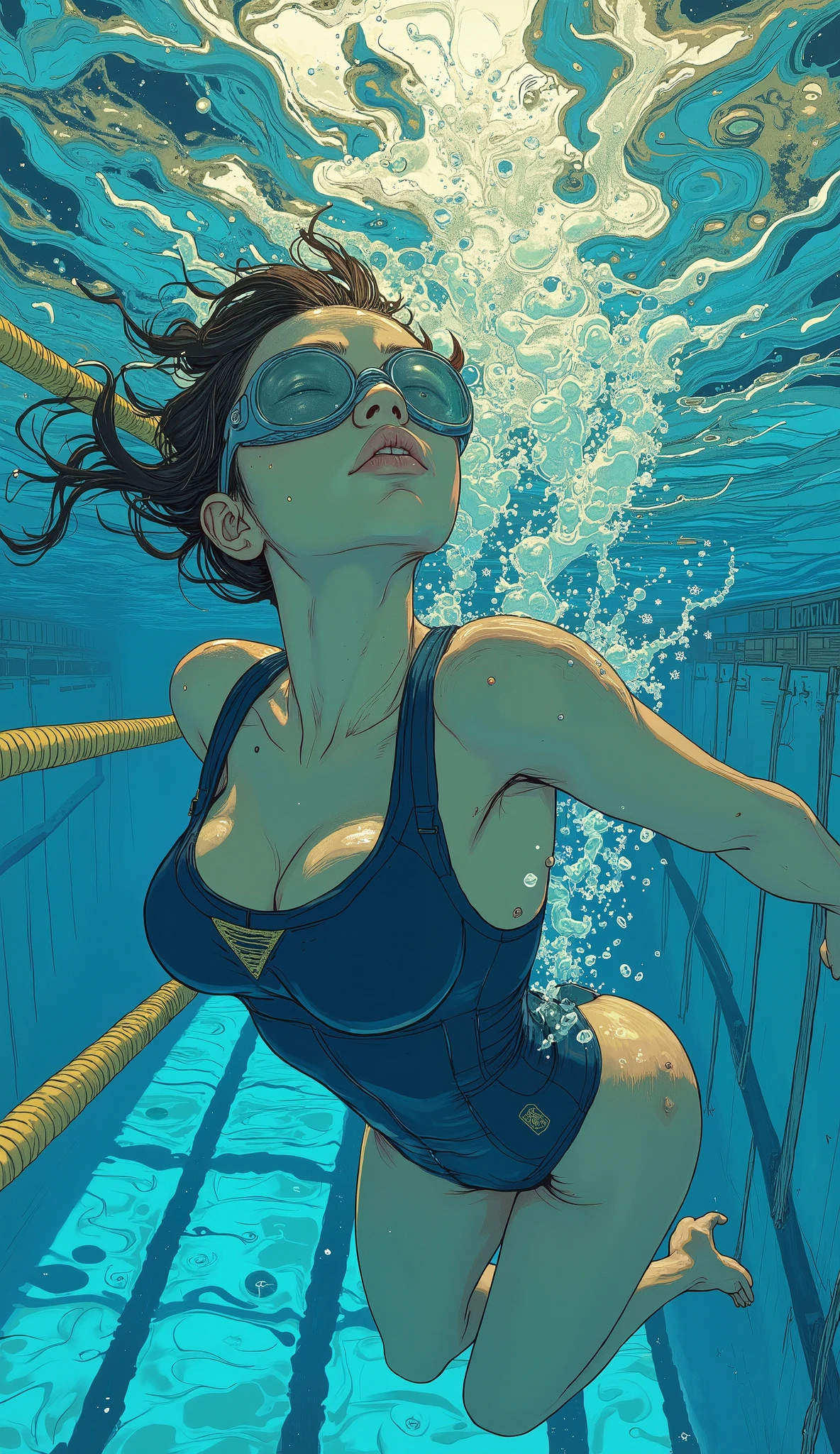 Picture of a woman in a navy blue competition swimsuit swimming underwater, Competition Pool、oil painting big splash, Eric Zener にインスパイアされた, Eric Zener 、 by Erik Zener , painting of splashes water, smooth Eric Zener 、 by Erik Zener , Eric Zener ・アイクト・アイドッグドゥ, Oil painting, Surrealist Oil Painting, splashes, Terry Oakes