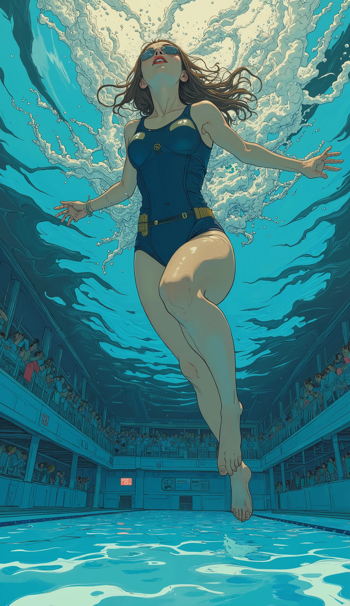 Picture of a woman in a navy blue competition swimsuit swimming underwater, Competition Pool、oil painting big splash, Eric Zener にインスパイアされた, Eric Zener 、 by Erik Zener , painting of splashes water, smooth Eric Zener 、 by Erik Zener , Eric Zener ・アイクト・アイドッグドゥ, Oil painting, Surrealist Oil Painting, splashes, Terry Oakes