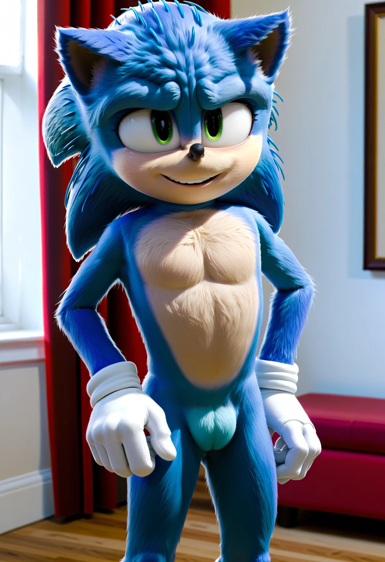 1 boy, Sonic The Hedgehog, bedroom, fat ass, wide hips, curvy, flat chest, femboy, shortstack, full body, voluptuos, masterpiece, ultra high quality, detailed hands, detailed body, stand, bulge, thong, blue fur, heels, crossdresser