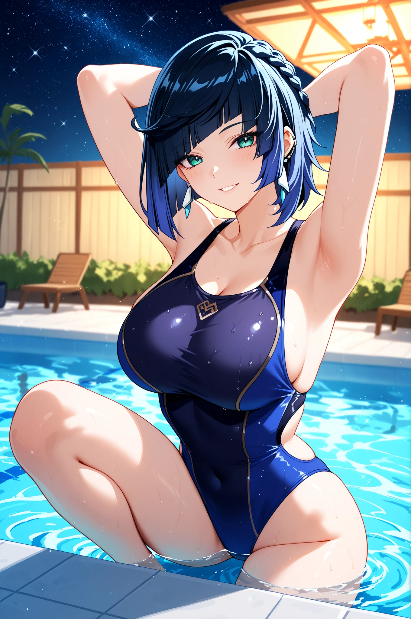Beauty, Navy Blue Hair,short hair(Inward Curling Bob) ,blue eyes,Costume(Lifeguard), Large Breasts、Blue Earrings、background(Boolean) 、Sexy pose、smile、((Open your mouth wide)) 