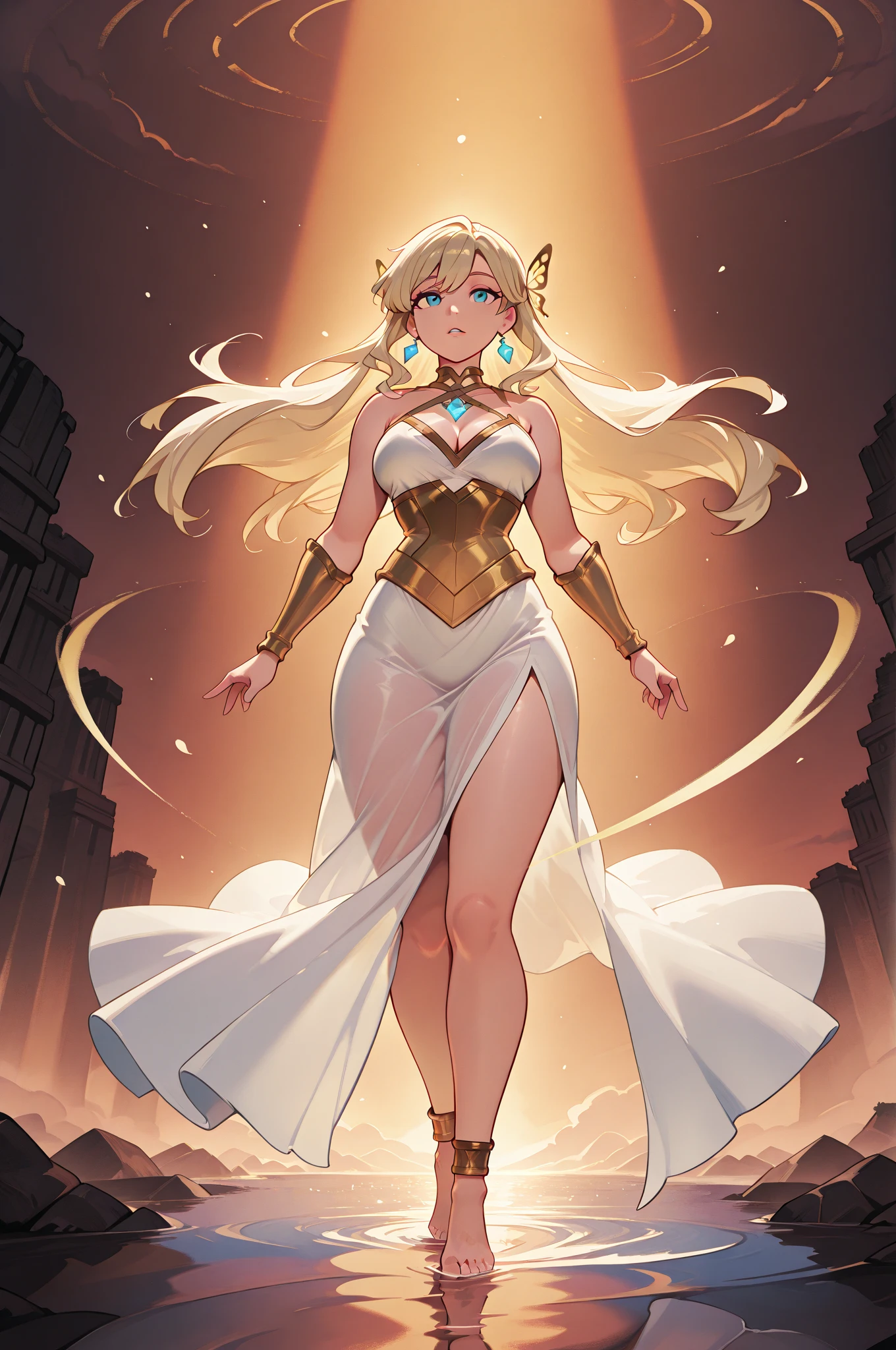 comics,(Highest quality:1.15), (masterpiece:1.17),
SheRaQuiron Character, One girl, blue eyes, rampage,shoot from below, wind from below,(white panties),up skirt,(open thighs),puffy nipples,camel ropes, blue sky,
