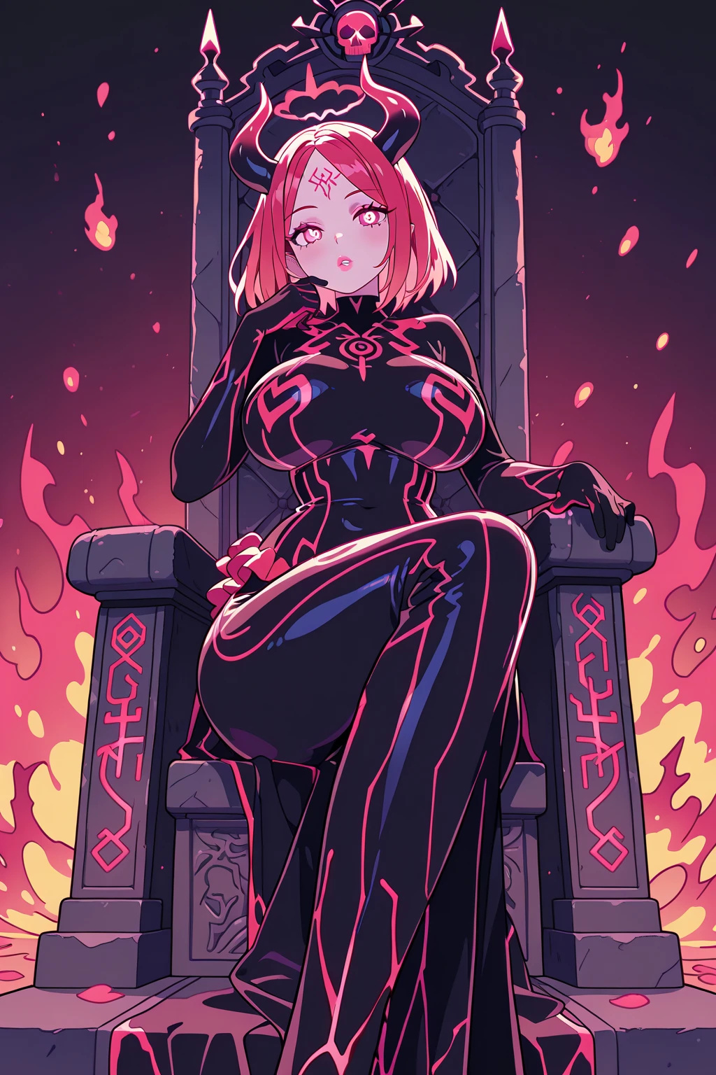 ((full body):1.5), Only Princess Zelda/Demon, is wearing white costume with black parts, extremely tight body, she has extremely big breasts, she has ((very short hair, pink, blue eyes):1.2), she's looking at the viewer, she's smiling, doing erotic poses, ((background: she's in a volcano with molten lava pouring down the walls):1.3), anime, 16k, high quality, high details, UHD, masterpiece,perfecteyes,